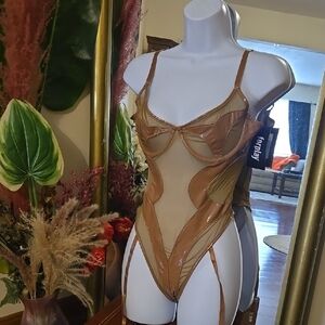 NEW Sheer Tan and Brown Wet Look Bodysuit